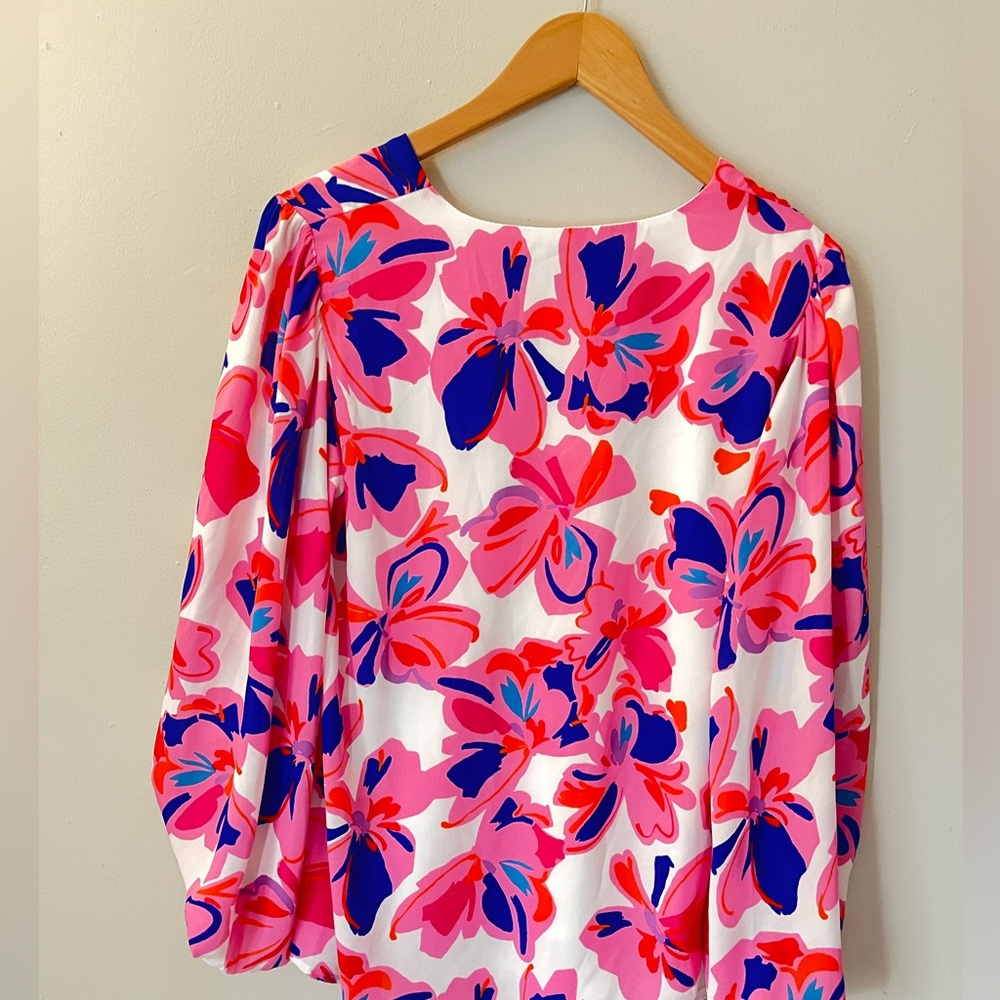Adrienne Vibrant Floral V-Neck Blouse - Pink and Blue - Picture 4 of 6